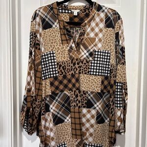 Cato Brown & Black Patchwork Plaid Leopard V‑Neck Tunic